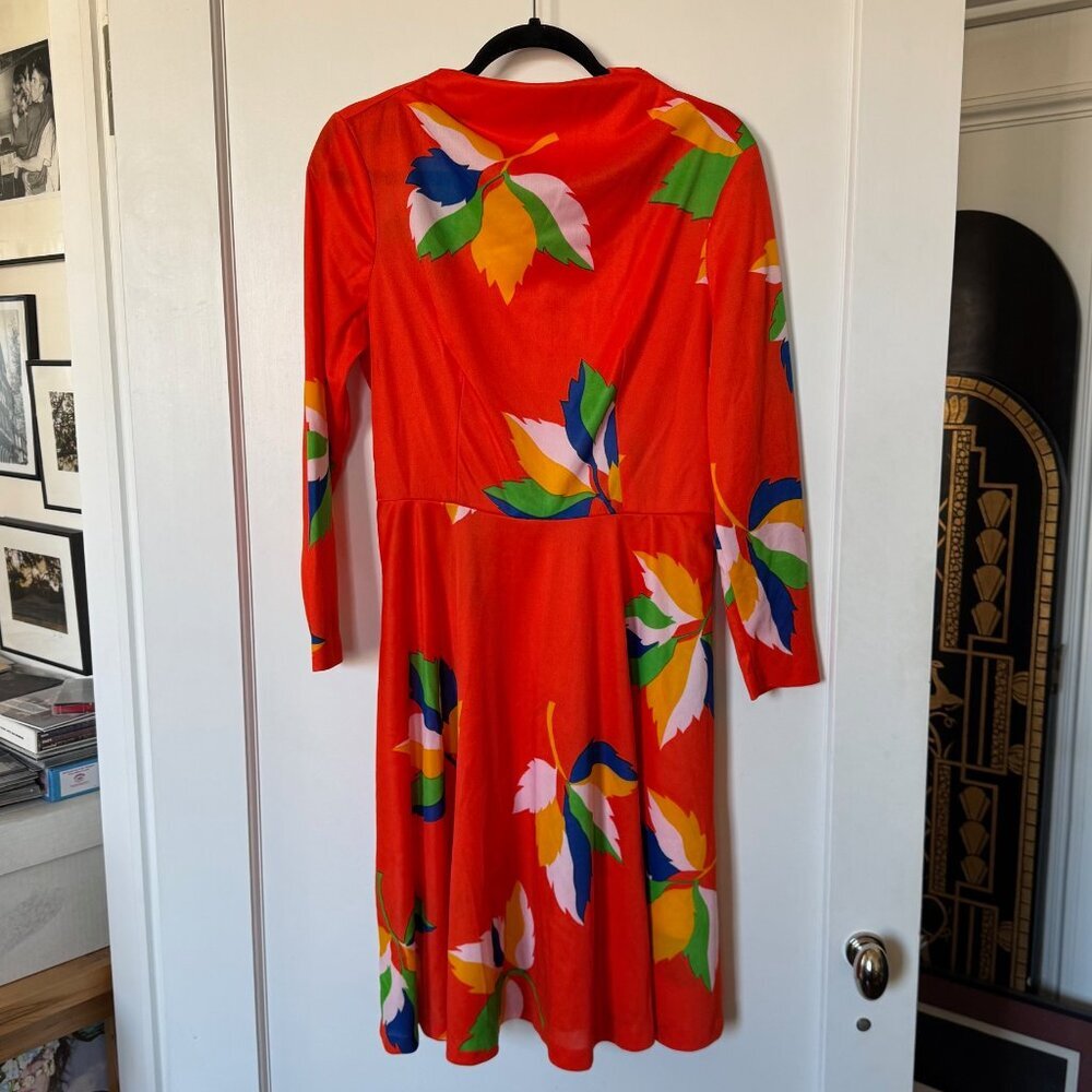 Vintage 70's Orange Midi Dress with high neck sz Large